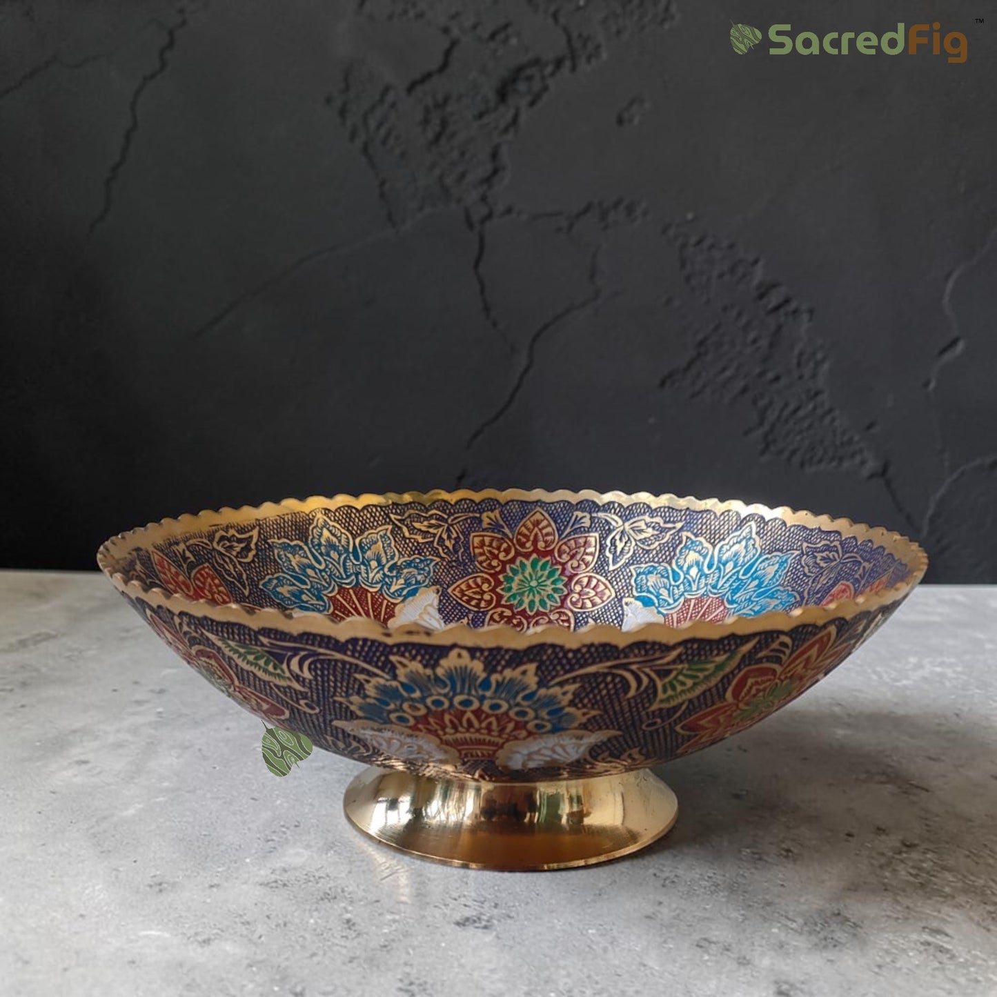 SacredFig Handcrafted Brass Bowl with Blue Meenakari Design (10x4 In) | Decorative Serving Bowl | Premium Festive & Gifting