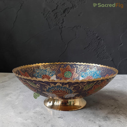 SacredFig Handcrafted Brass Bowl with Blue Meenakari Design (10x4 In) | Decorative Serving Bowl | Premium Festive & Gifting