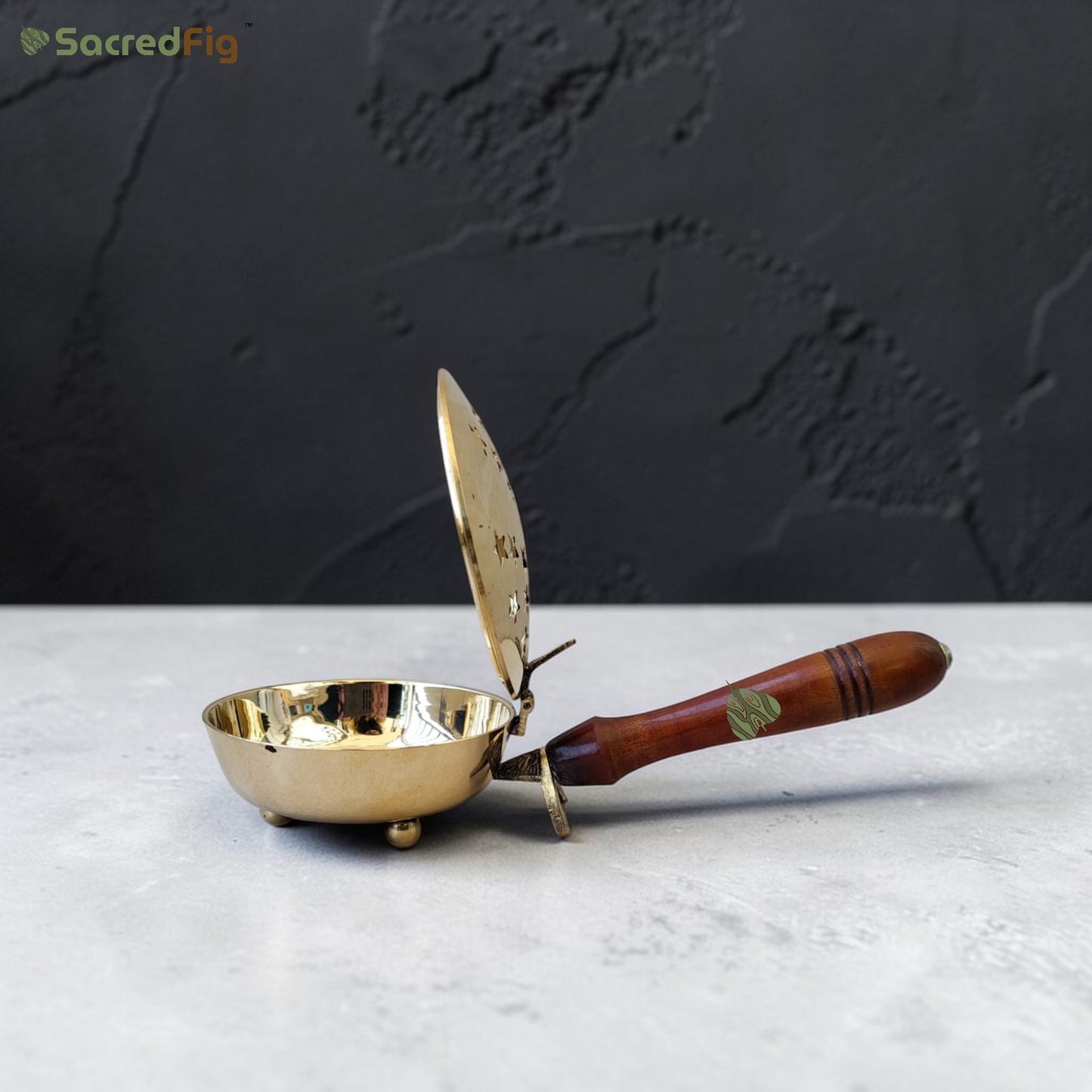 SacredFig Brass Dhoop Dani / Lobandaan with Wooden Handle