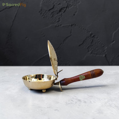 SacredFig Brass Dhoop Dani / Lobandaan with Wooden Handle