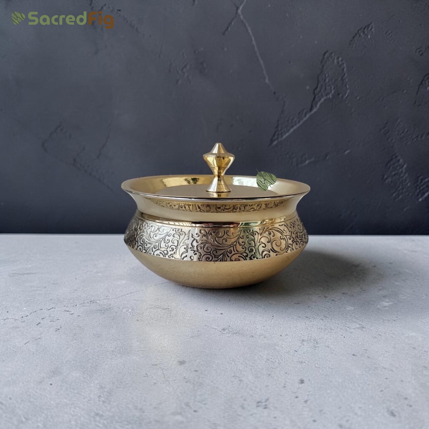 Brass Handi with Lid (500ml) | Handcrafted Inner Kalai Cooking Pot | Eternal Vine Series | SacredFig