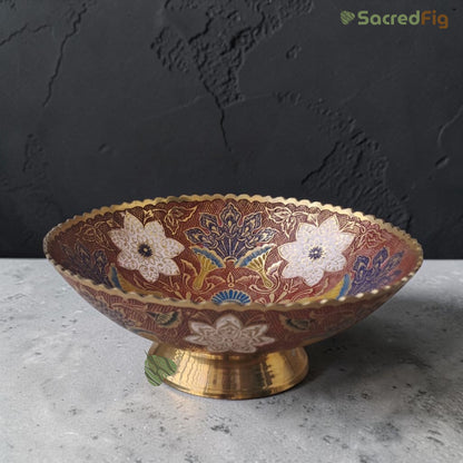 SacredFig Handcrafted Brass Bowl with Red Meenakari Design (10x4 In) | Decorative Serving Bowl | Premium Festive & Gifting