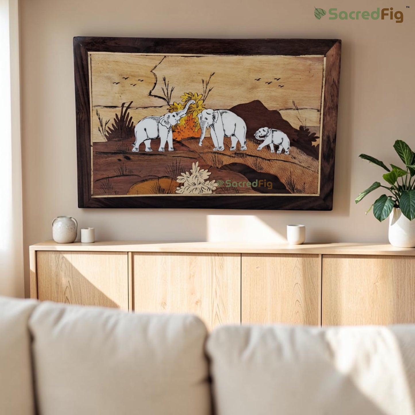 SacredFig Elephant Family Wooden Mysore Inlay Art Wall Frame | 12x18 In | Handmade Wooden Wall Decor | Traditional Artwork