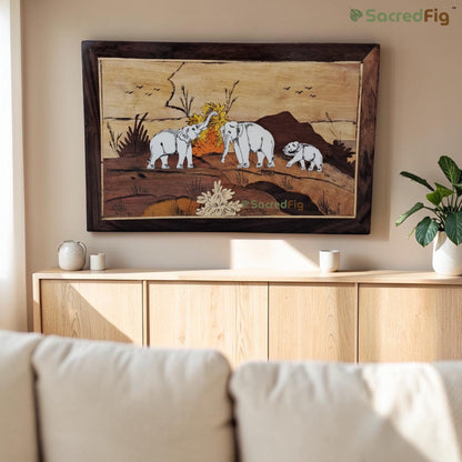 SacredFig Elephant Family Wooden Mysore Inlay Art Wall Frame | 12x18 In | Handmade Wooden Wall Decor | Traditional Artwork
