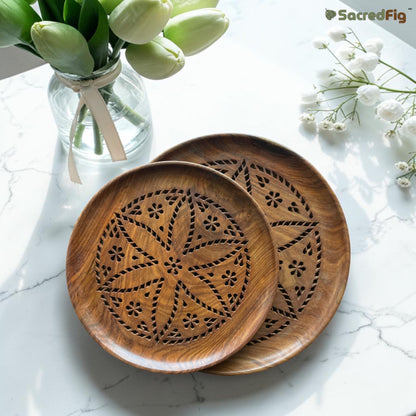 SacredFig Serving Plate and Tray| Wooden Plate| Flower Carving Tray | S, L sizes