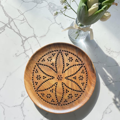 SacredFig Serving Plate and Tray| Wooden Plate| Flower Carving Tray | S, L sizes
