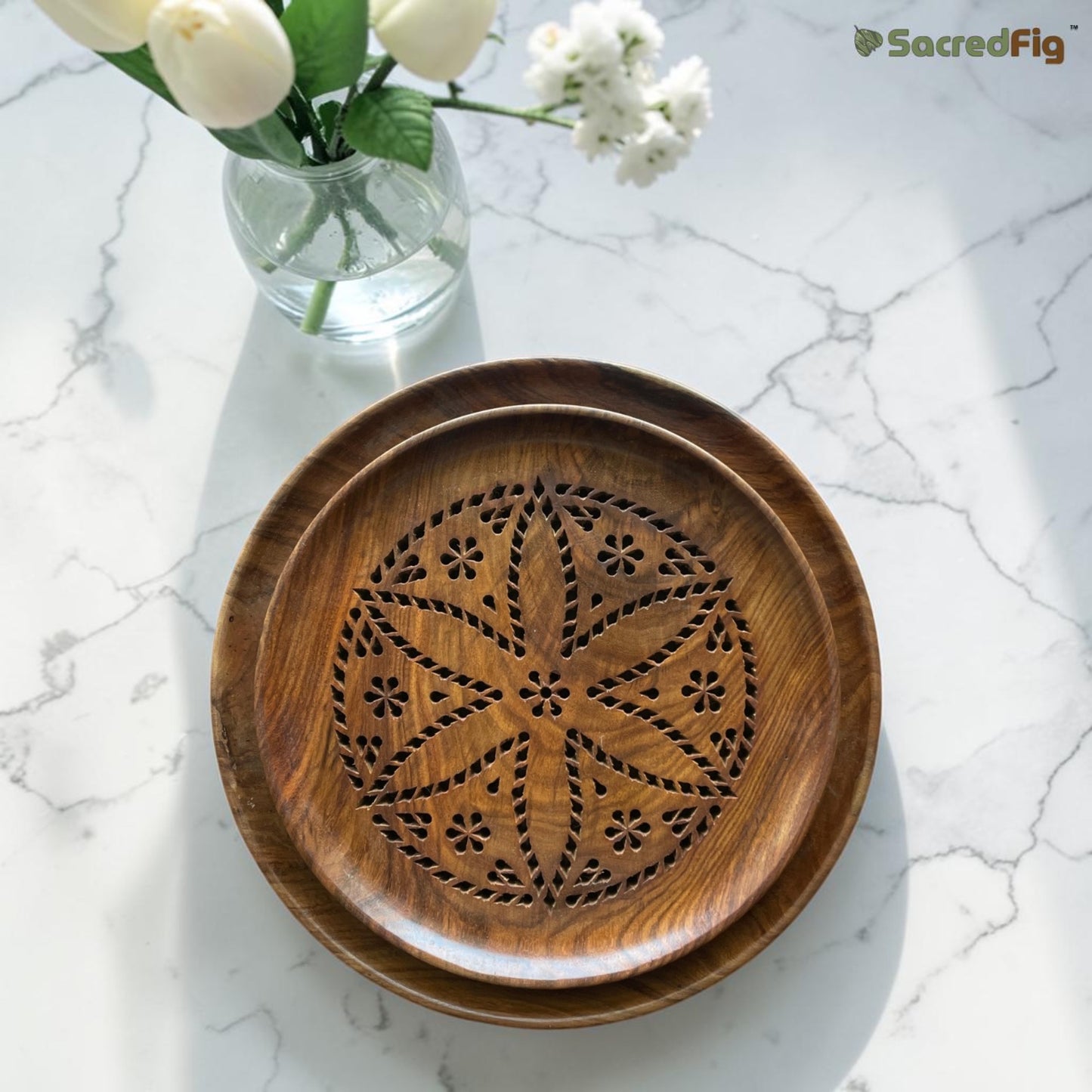 SacredFig Serving Plate and Tray| Wooden Plate| Flower Carving Tray | S, L sizes