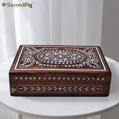 SacredFig Wooden Decorative Gift Box with Intricate Floral Heavy Work Design | 9×6 In | Premium Sheesham Wood Handcrafted Storage Box