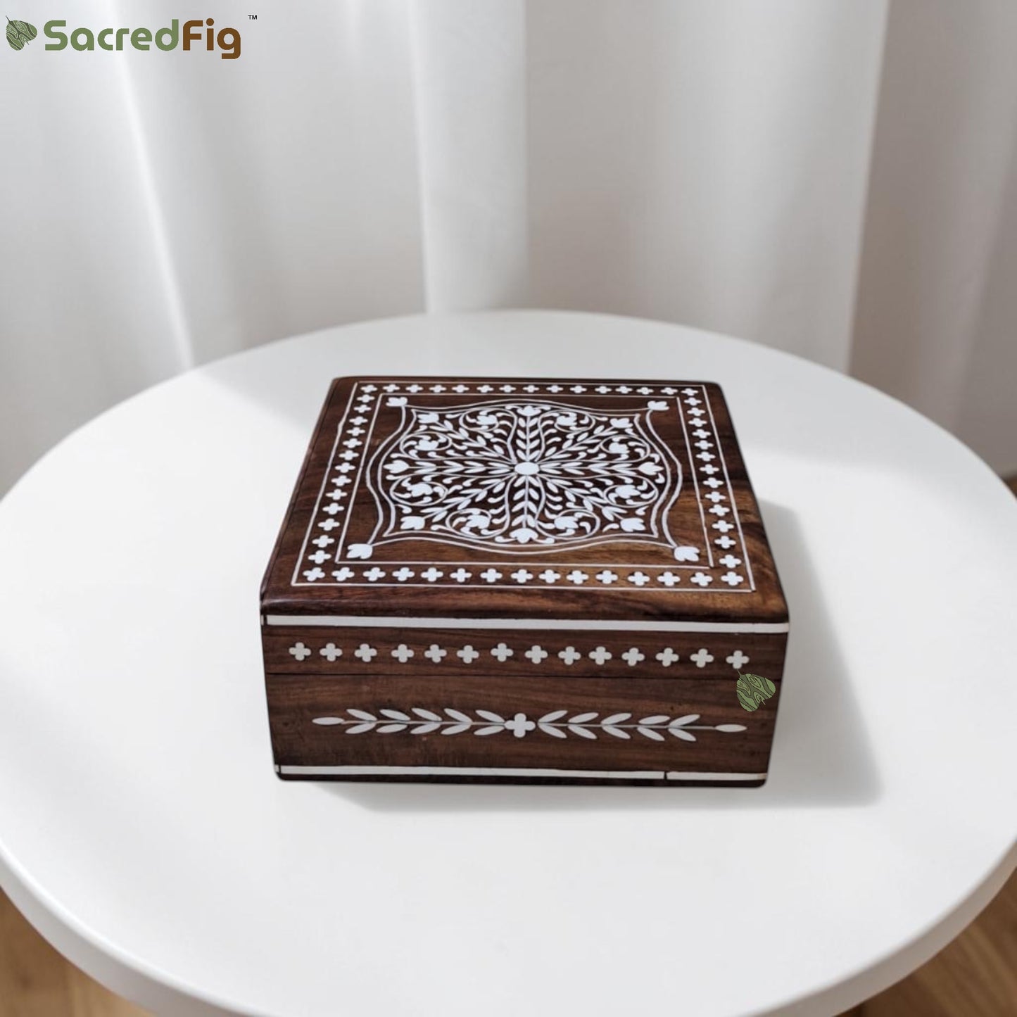 SacredFig Wooden Decorative Square Gift Box with Mandala Intricate Design |6×6 In| Premium Sheesham Wood Handcrafted Storage Box