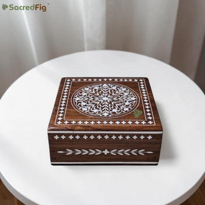 SacredFig Wooden Decorative Square Gift Box with Mandala Mosaic Design | 6×6 In | Premium Sheesham Wood Handcrafted Storage Box