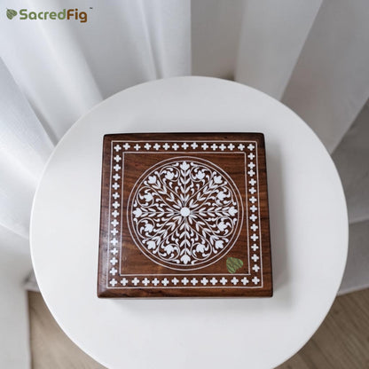 SacredFig Wooden Decorative Square Gift Box with Mandala Mosaic Design | 6×6 In | Premium Sheesham Wood Handcrafted Storage Box
