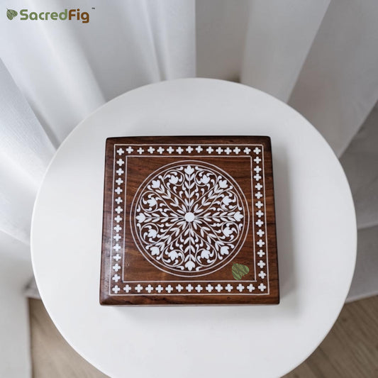 SacredFig Wooden Decorative Square Gift Box with Mandala Mosaic Design | 6×6 In | Premium Sheesham Wood Handcrafted Storage Box
