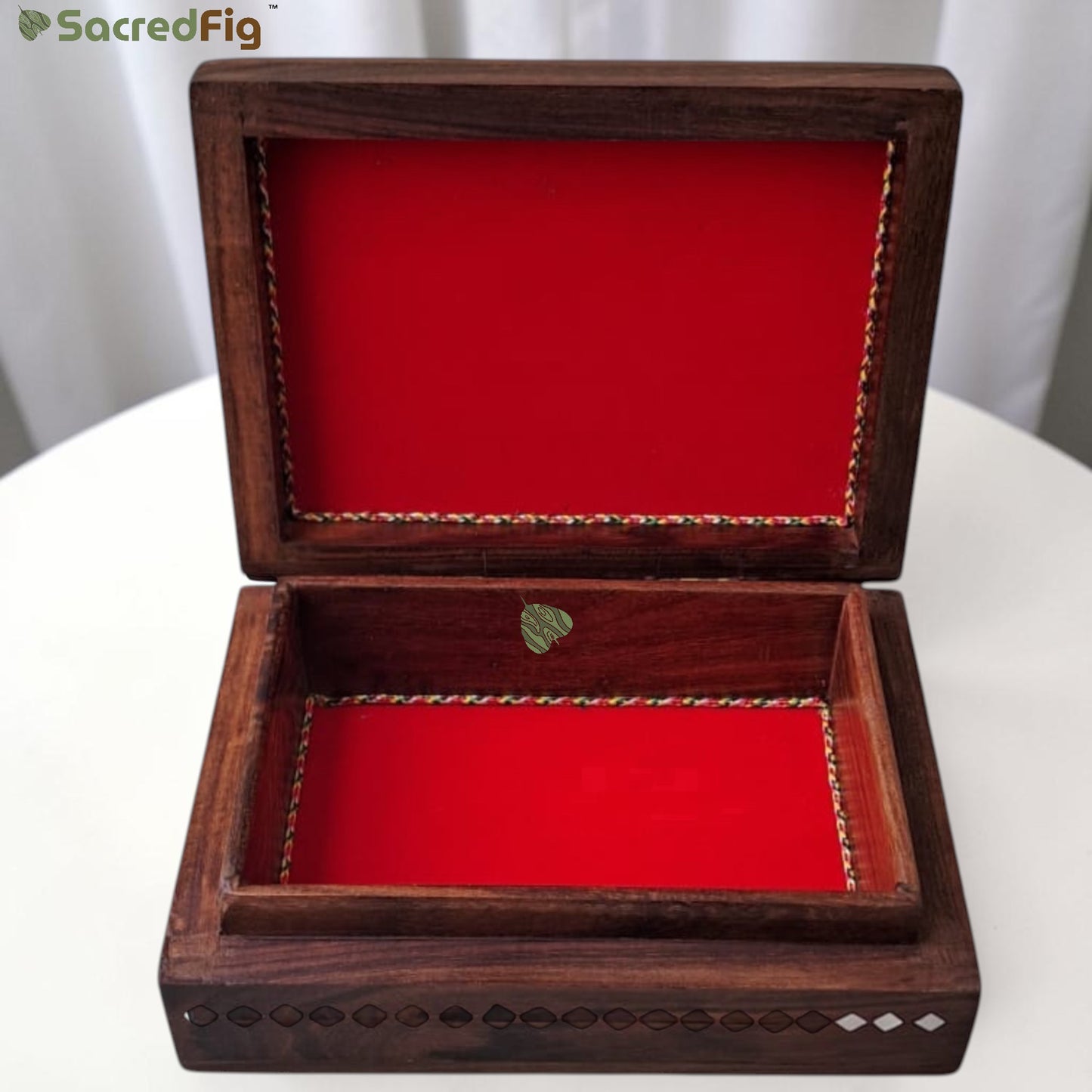 SacredFig Wooden Decorative Gift Box with Geometric Diamond Pattern | 8×6 In | Premium Sheesham Wood Handcrafted Storage Box