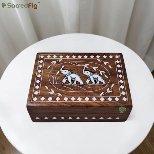SacredFig Wooden Decorative Gift Box with Elephant Duo Design | 7×5 In | Premium Sheesham Wood Handcrafted Storage Box