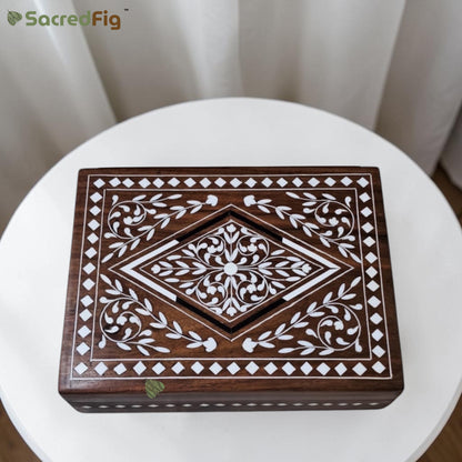 SacredFig Wooden Decorative Gift Box with Geometric Diamond Pattern | 8×6 In | Premium Sheesham Wood Handcrafted Storage Box