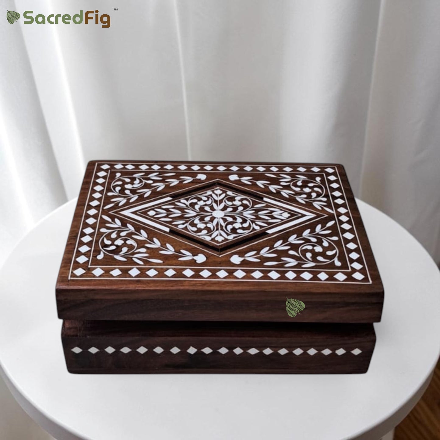 SacredFig Wooden Decorative Gift Box with Geometric Diamond Pattern | 8×6 In | Premium Sheesham Wood Handcrafted Storage Box