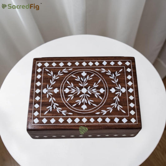 SacredFig Wooden Decorative Gift Box with Imperial Bloom Design | 7×5 In | Premium Sheesham Wood Handcrafted Storage Box