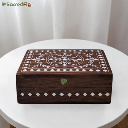 SacredFig Wooden Decorative Gift Box with Imperial Bloom Design | 7×5 In | Premium Sheesham Wood Handcrafted Storage Box