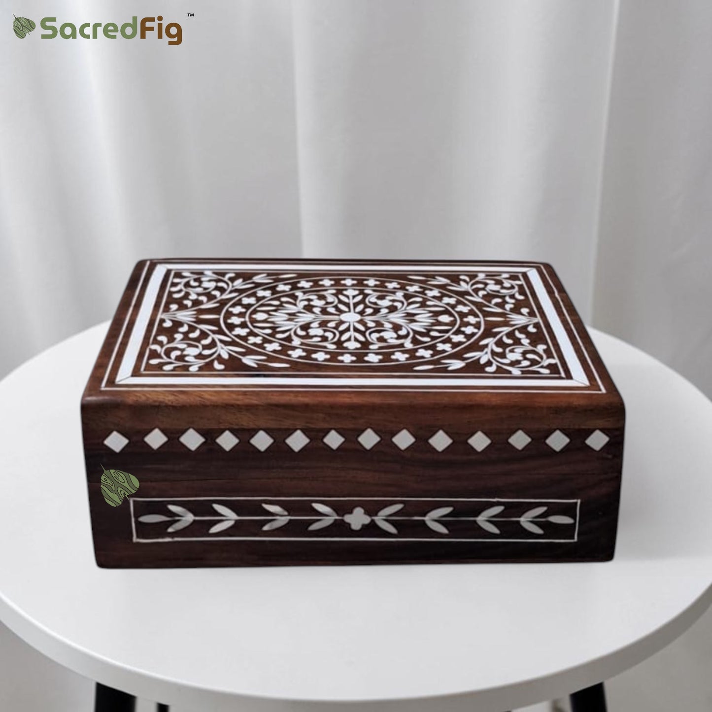 SacredFig Wooden Decorative Gift Box with Intricate Heavy Work Design  | 7×5 In | Premium Sheesham Wood Handcrafted Storage Box