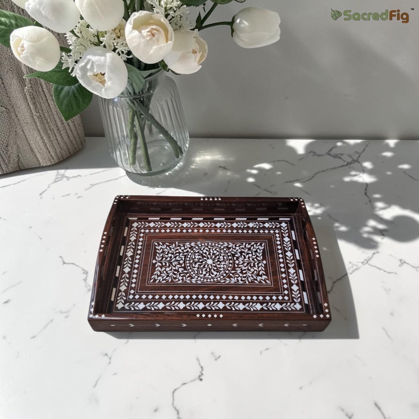 SacredFig Sheesham Wood Inlay Tray (Heritage Inlay Collection) | 13x9 in | Handcrafted Premium Tray | Decor & Gifting