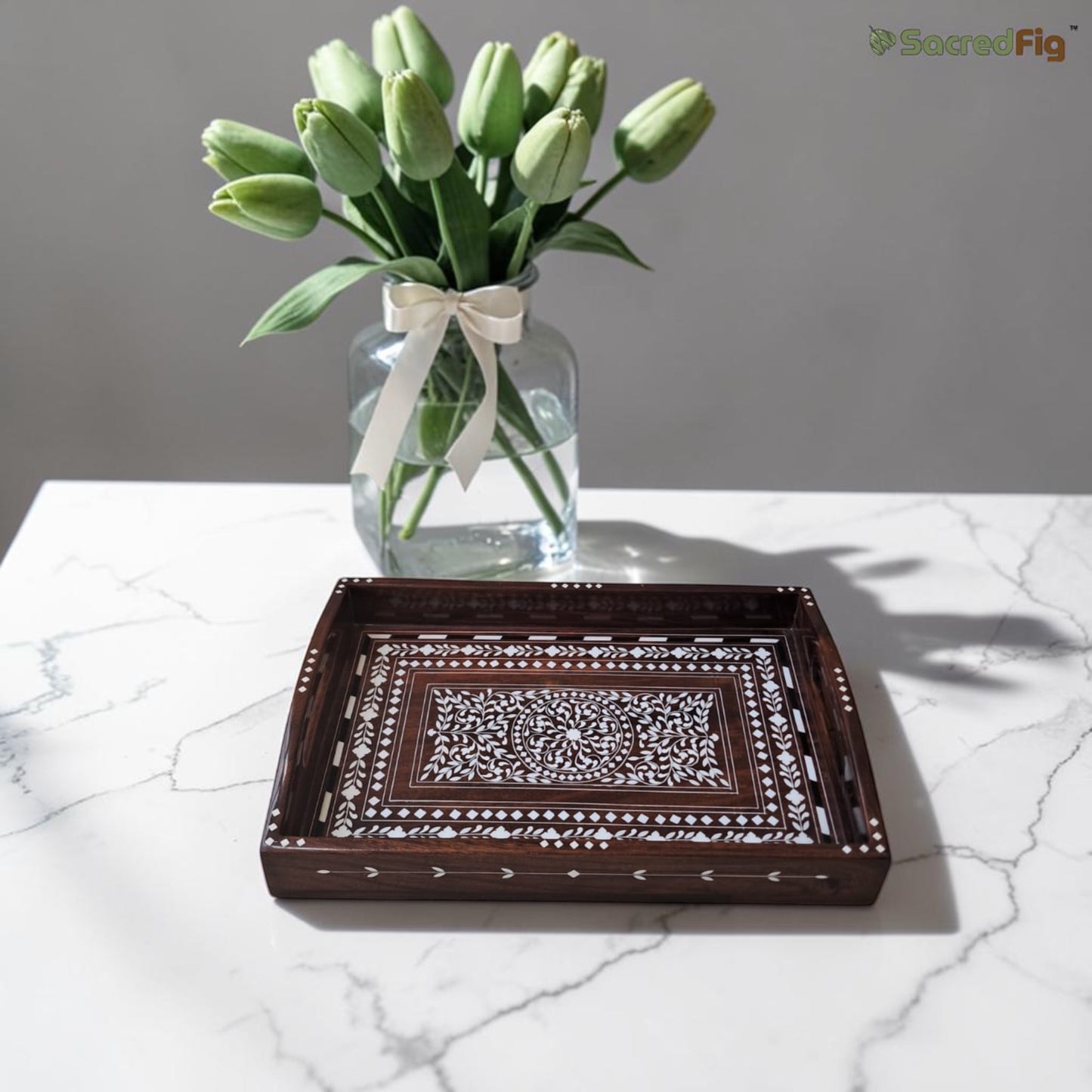 SacredFig Sheesham Wood Inlay Tray (Heritage Inlay Collection) | 13x9 in | Handcrafted Premium Tray | Decor & Gifting