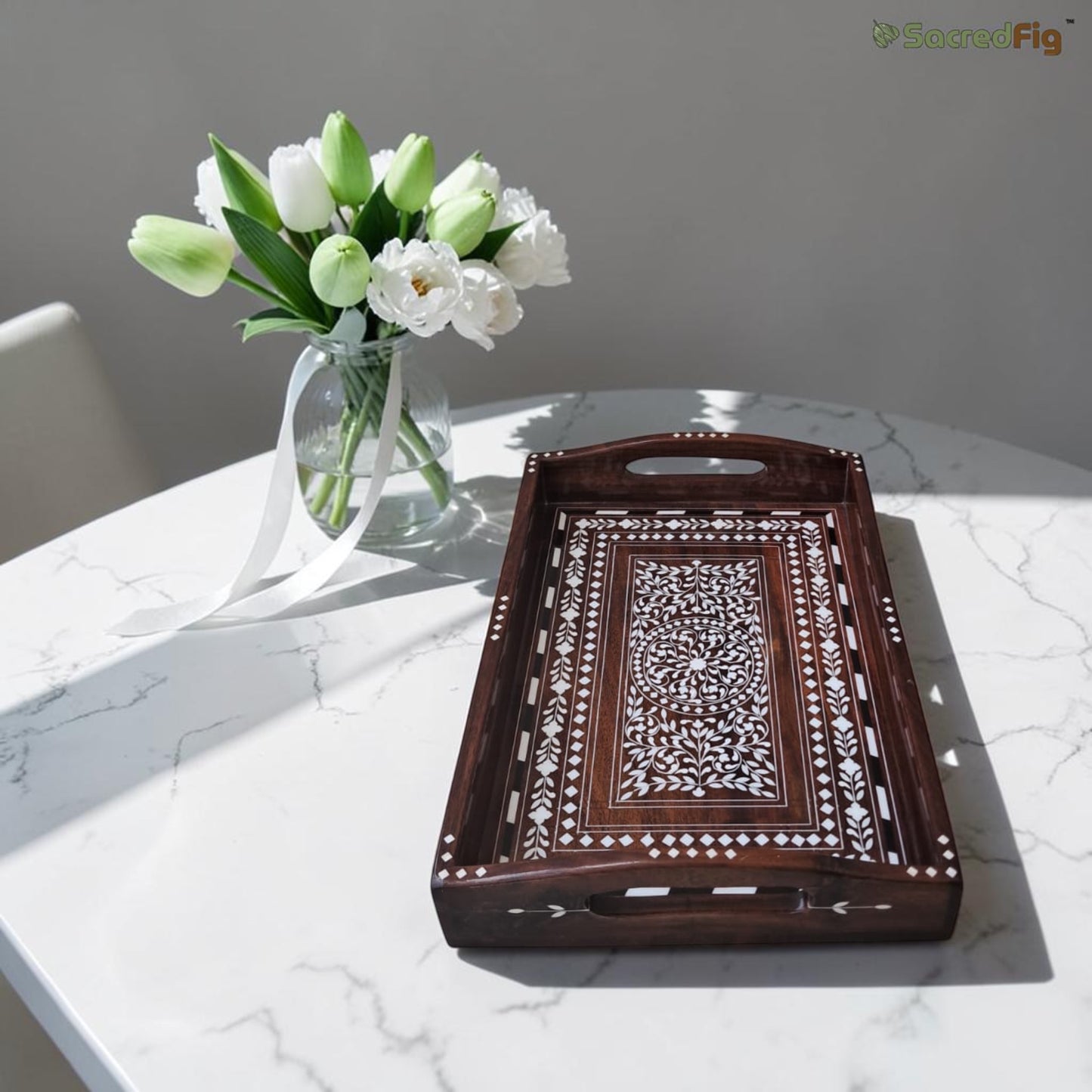 SacredFig Sheesham Wood Inlay Tray (Heritage Inlay Collection) | 13x9 in | Handcrafted Premium Tray | Decor & Gifting