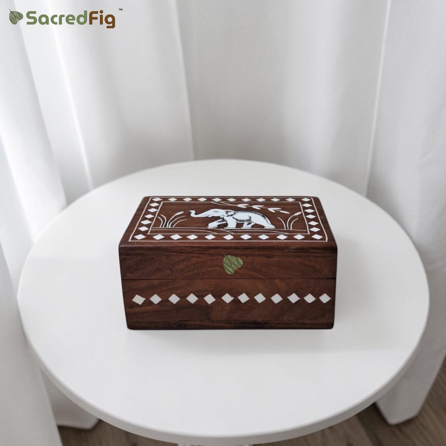 SacredFig Wooden Inlay Work Gift Box with Elephant Motif | 6×4 In | Premium Sheesham Wood Decorative Storage Box
