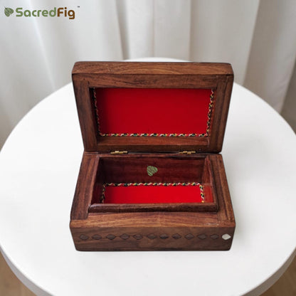 SacredFig Wooden Inlay Work Gift Box with Elephant Motif | 6×4 In | Premium Sheesham Wood Decorative Storage Box