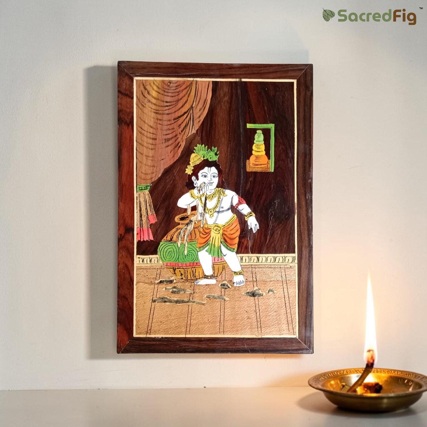 Krishna Ji Wall Decor | Mysore Inlay Wooden Art | Natural Wood Texture | 30x45 cm