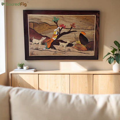 SacredFig Nature's Play Wooden Mysore Inlay Art Wall Frame | 12x18 In| Handmade Wooden Wall Decor | Traditional Artwork