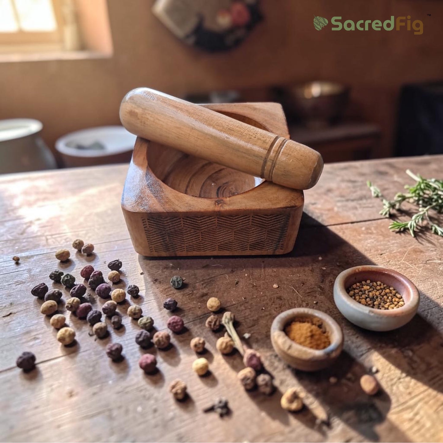SacredFig Wooden Mortar & Pestle set | Okhli Musal for Grinding Spices, Masala Grinder | Acacia wood