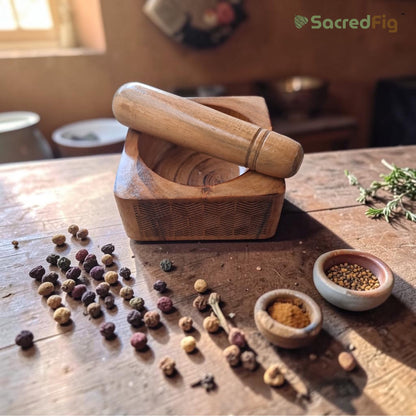 SacredFig Wooden Mortar & Pestle set | Okhli Musal for Grinding Spices, Masala Grinder | Acacia wood