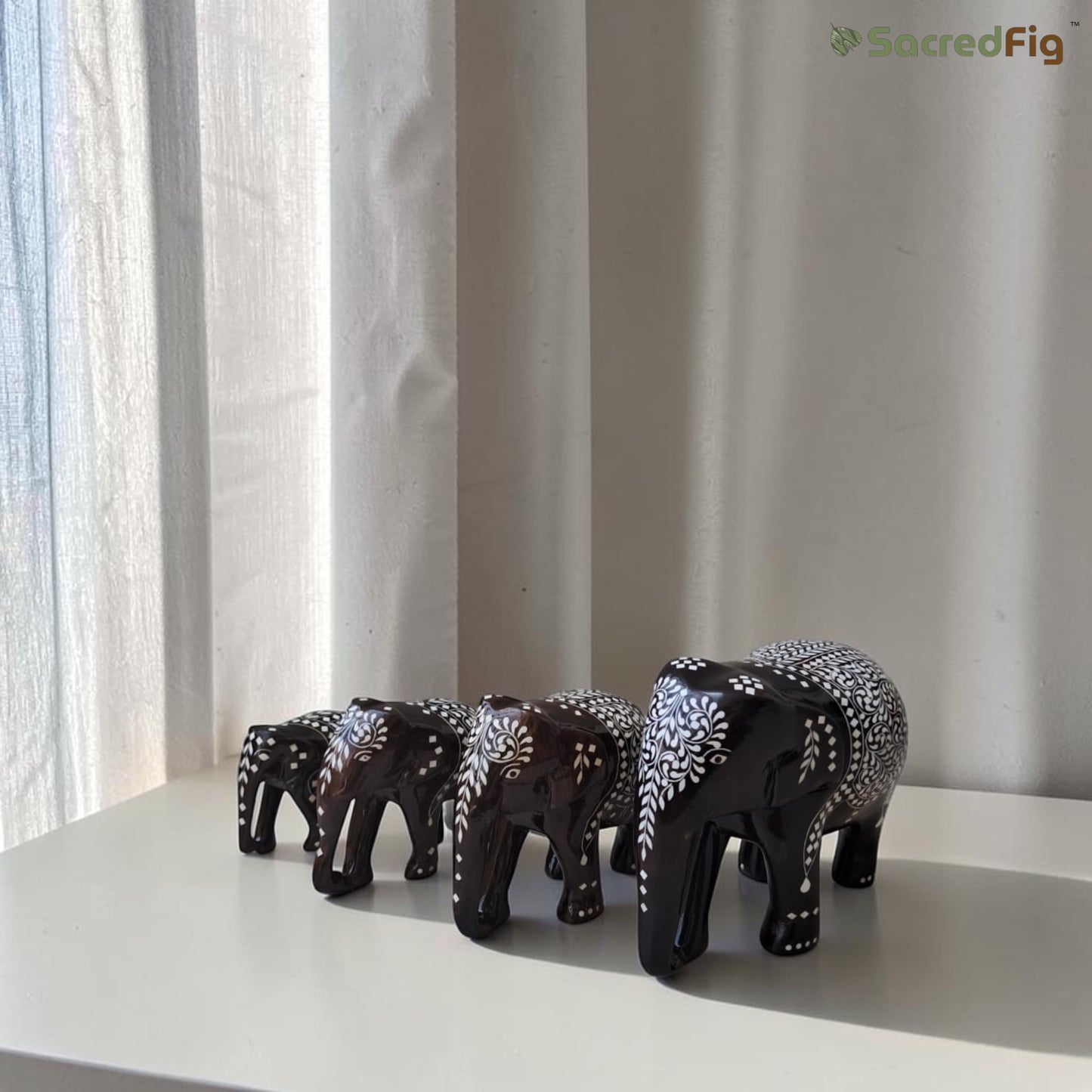 SacredFig Wooden Inlay Elephant Set, Gloss Finish (3–6 inch) | Handcrafted Sheesham Wood Elephant Figurines for Home Decor