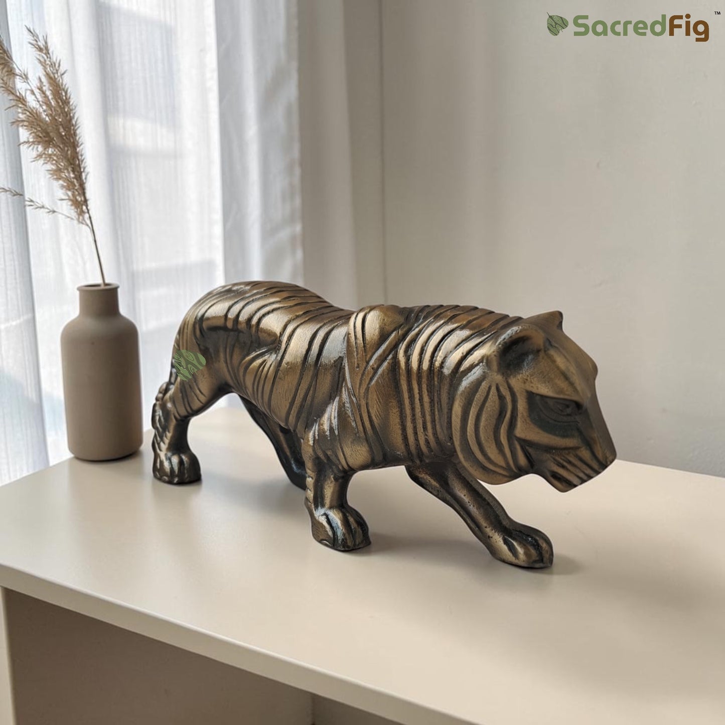 SacredFig Handcrafted Metal Tiger Figurine –(13x2.5 In) Decorative Showpiece for Home Décor