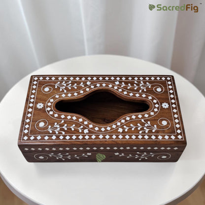 SacredFig Sheesham Wood Decorative Tissue Box Holder for Home & Office Tables  | 11×6 In | Premium Handcrafted Wooden Tissue Box