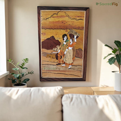 SacredFig Traditional Village Couple Mysore Inlay Art Wall Frame | 12x18 In | Handmade Wooden Wall Decor | Traditional Artwork