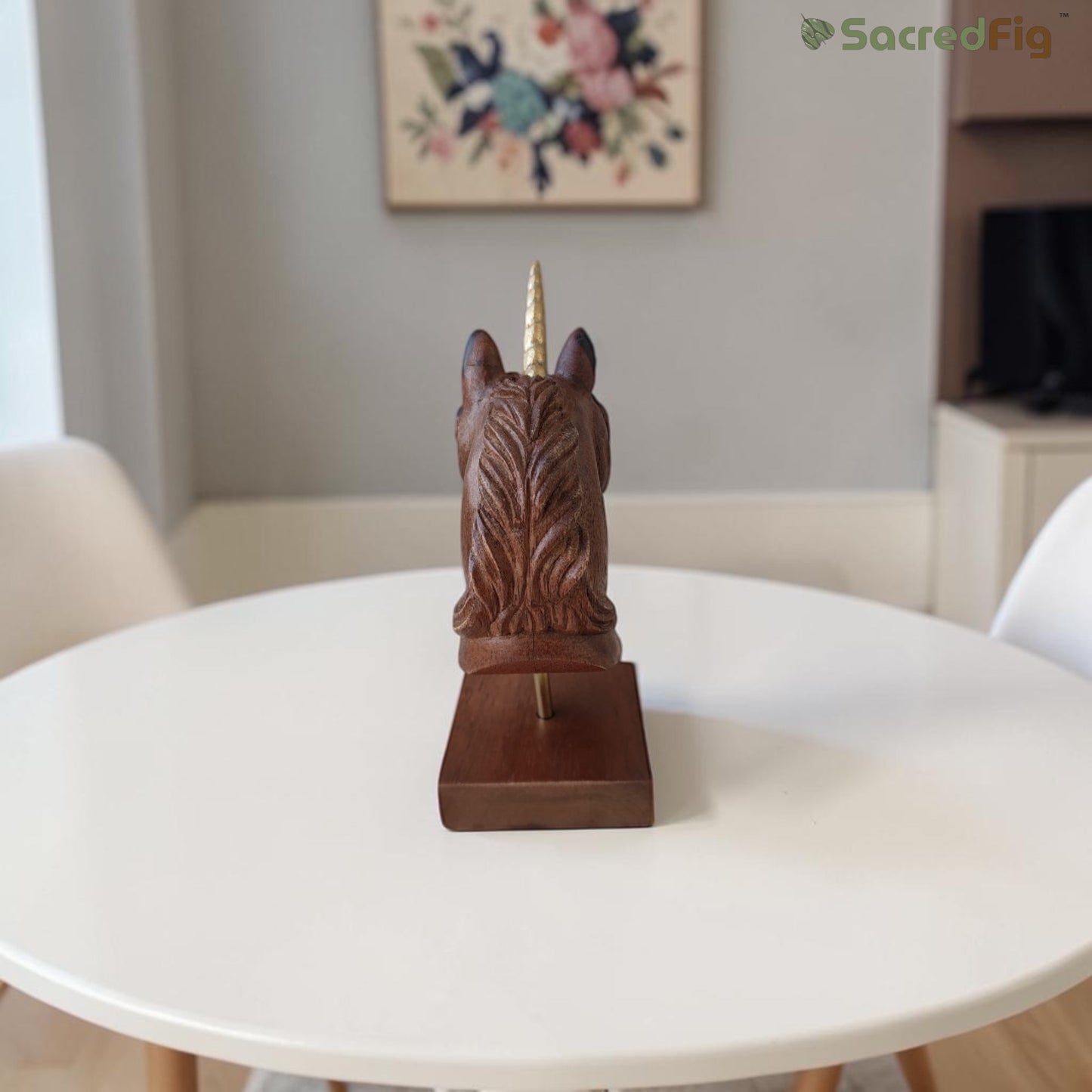 SacredFig Handcrafted Wooden Unicorn Figurine | 7x3.5 in | Polish Finish | Decorative Showpiece for Home & Gifting