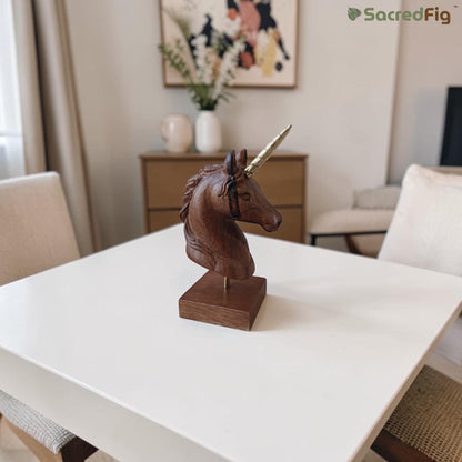 SacredFig Handcrafted Wooden Unicorn Figurine | 7x3.5 in | Polish Finish | Decorative Showpiece for Home & Gifting