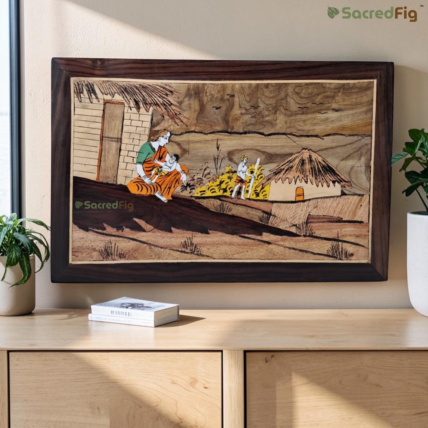 SacredFig Village Life Harmony Wooden Mysore Inlay Art Wall Decor | 12x18 In | Handmade Traditional Wooden Inlay Painting |  Home & Living Wall Art