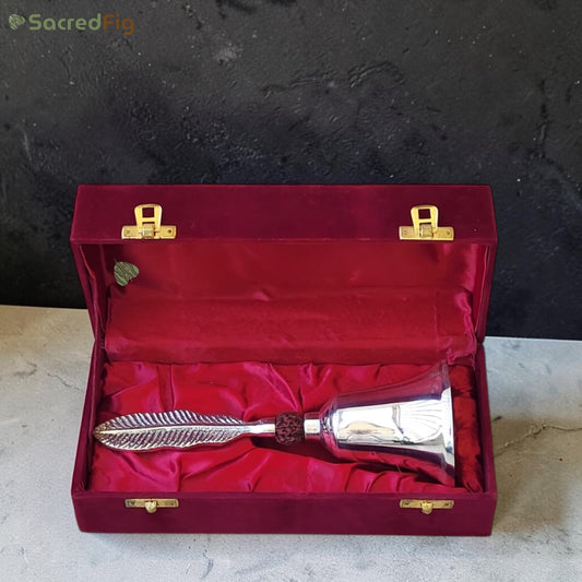SacredFig Silver Brass Bell – Silver Polish (23 x 7cm) | Feather Handle Decorative Bell with Gift Box