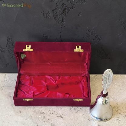 SacredFig Silver Brass Bell – Silver Polish (23 x 7cm) | Feather Handle Decorative Bell with Gift Box