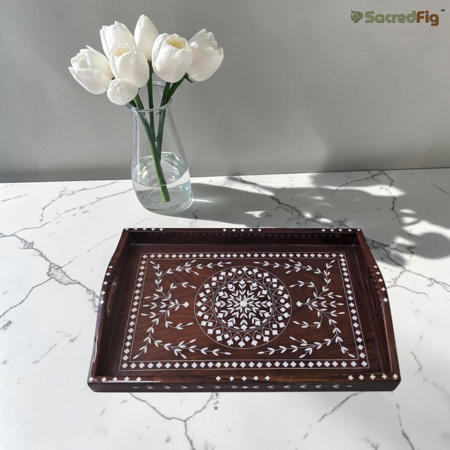 SacredFig Sheesham Wooden Rectangular  Tray with Floral Inlay | 15x10 in |  Decorative Serving Tray | Water-Resistant