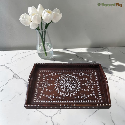 SacredFig Sheesham Wooden Rectangular  Tray with Floral Inlay | 15x10 in |  Decorative Serving Tray | Water-Resistant