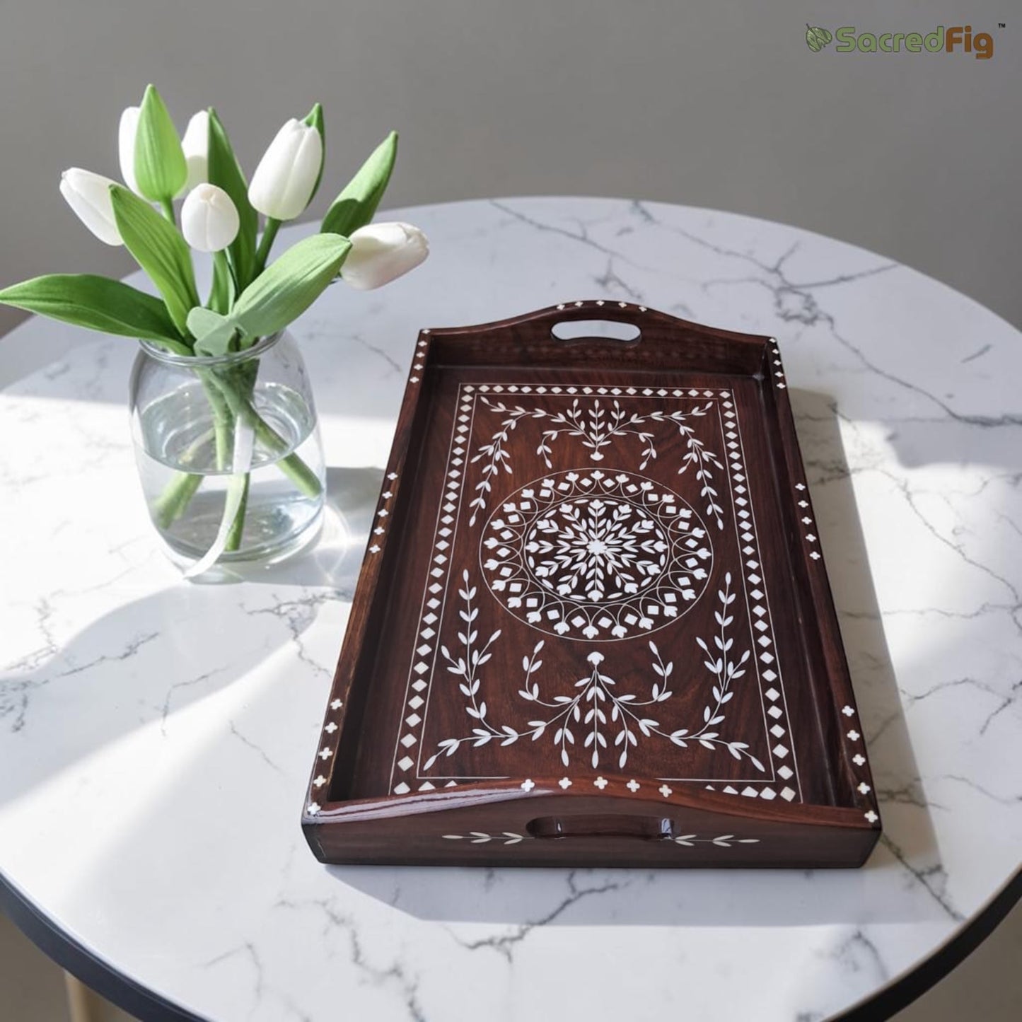 SacredFig Sheesham Wooden Rectangular  Tray with Floral Inlay | 15x10 in |  Decorative Serving Tray | Water-Resistant