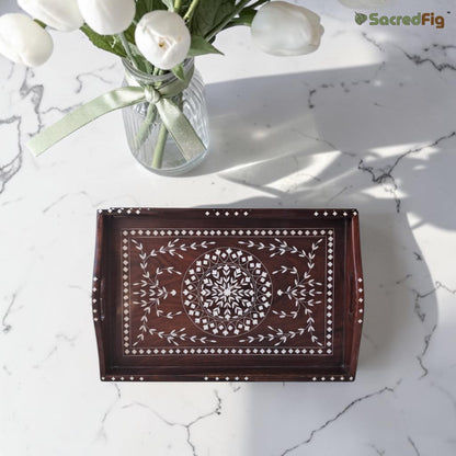 SacredFig Sheesham Wooden Rectangular  Tray with Floral Inlay | 15x10 in |  Decorative Serving Tray | Water-Resistant