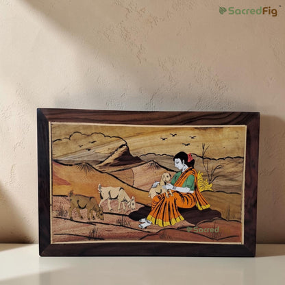 SacredFig Pastoral Grace Wooden Mysore Inlay Art Wall Frame | 12x18 In | Handmade Wooden Wall Decor | Traditional Artwork