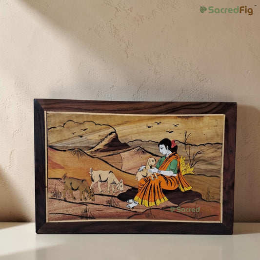 SacredFig Pastoral Grace Wooden Mysore Inlay Art Wall Frame | 12x18 In | Handmade Wooden Wall Decor | Traditional Artwork