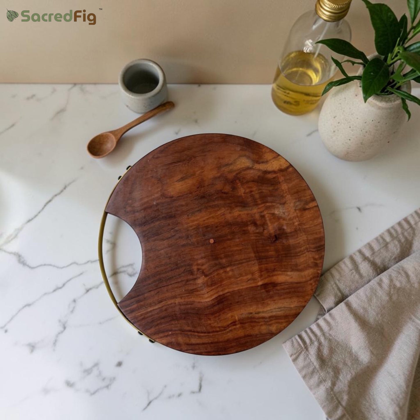 SacredFig Premium Cutting Board & Serving Platter, Made in Sheesham Wood, Golden Handle - 12 in (d)