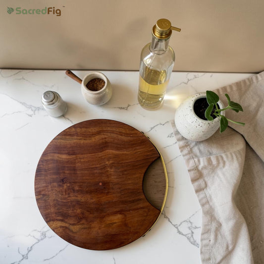 SacredFig Premium Cutting Board & Serving Platter, Made in Sheesham Wood, Golden Handle - 12 in (d)