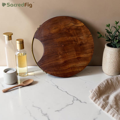 SacredFig Premium Cutting Board & Serving Platter, Made in Sheesham Wood, Golden Handle - 12 in (d)